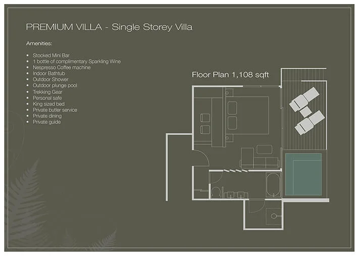 Borneo rainforest lodge single storey Premium deluxe villa room Layout