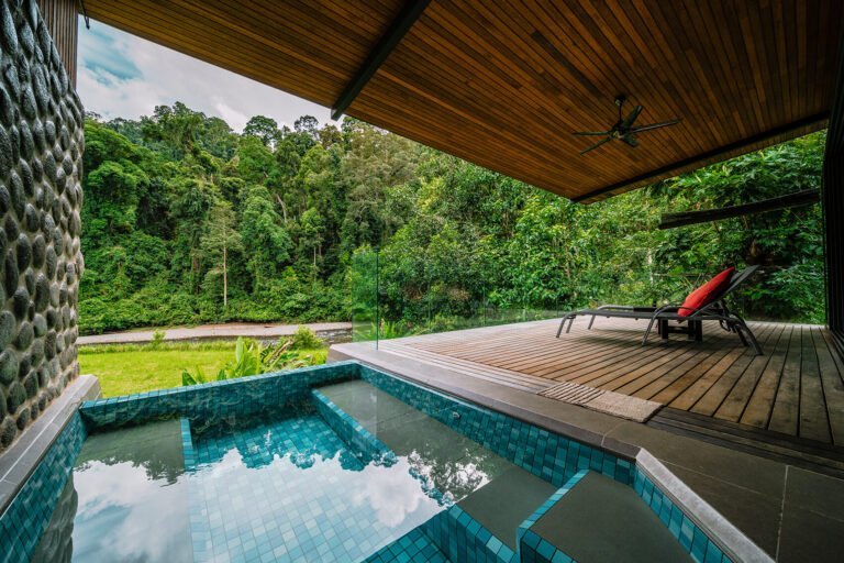 Outdoor plunge pool in Borneo rainforest lodge premium deluxe room