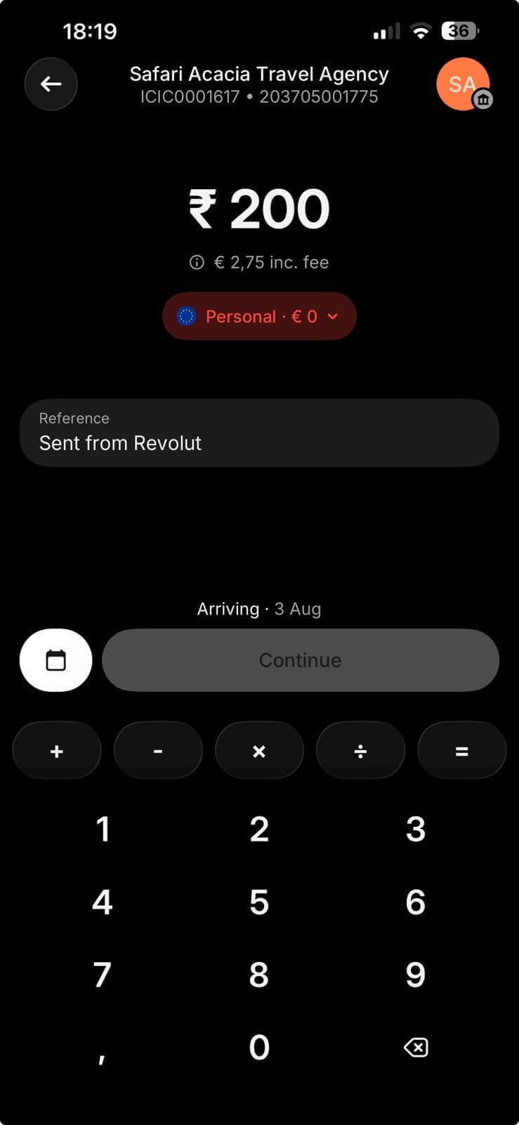 Revolut amount screen showing the fee, reference box and arrival date