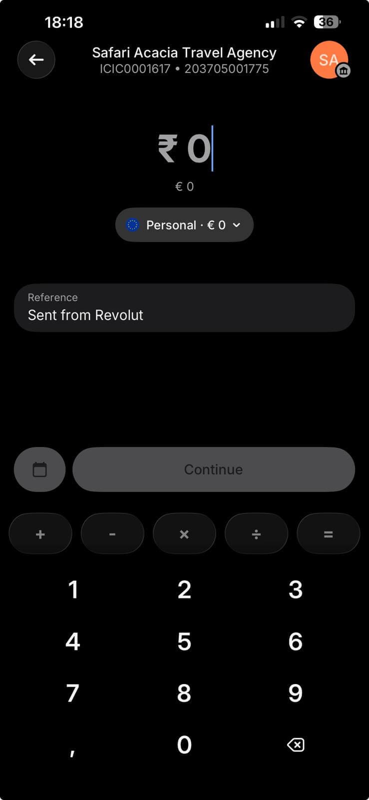 Revolut amount screen before an amount is entered