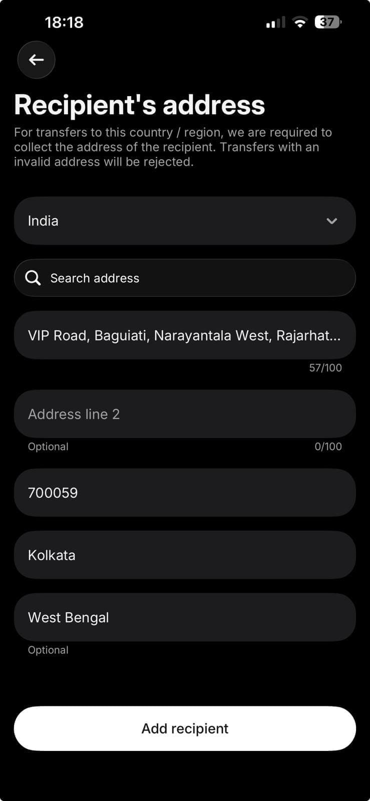 Revolut Recipient's address screen completed, with the Add recipient button