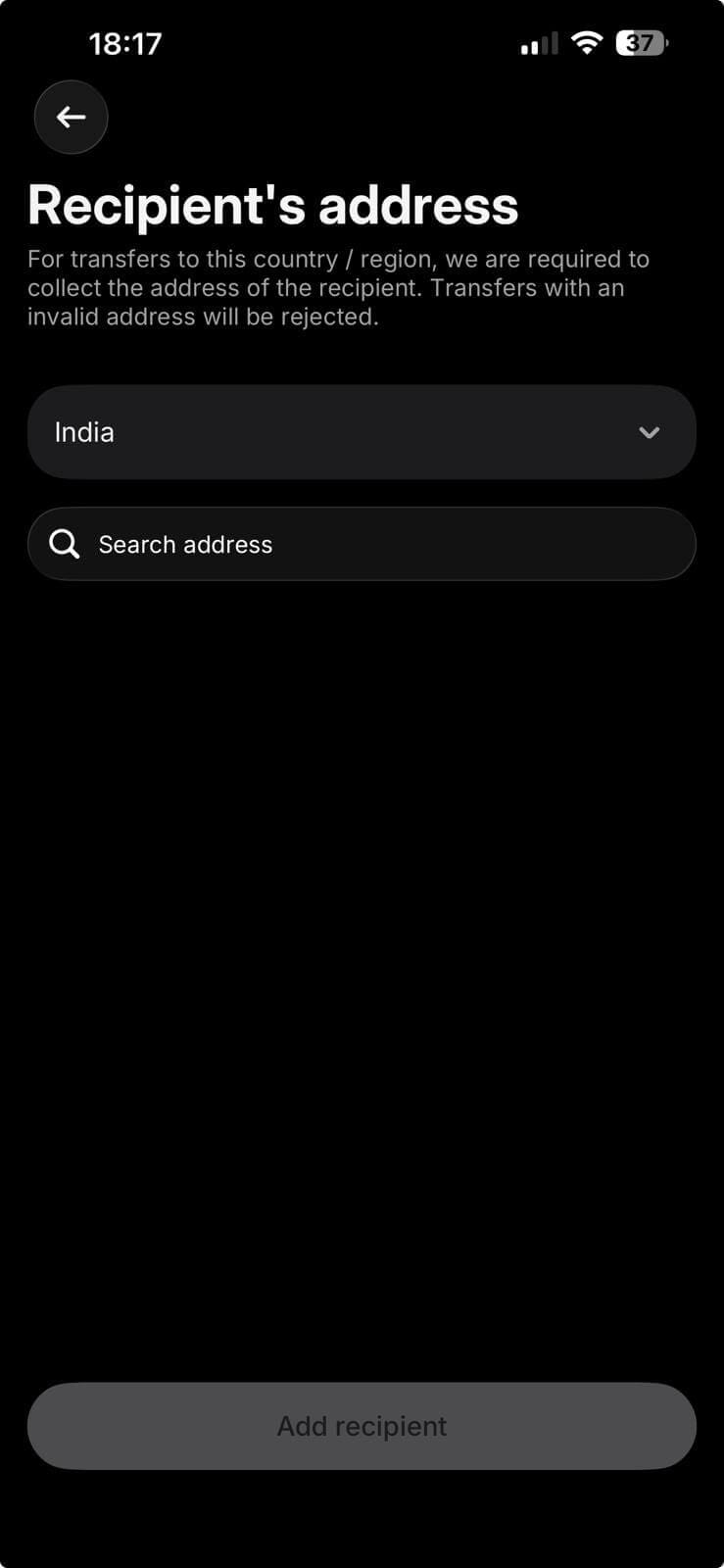Revolut Recipient's address screen with India selected
