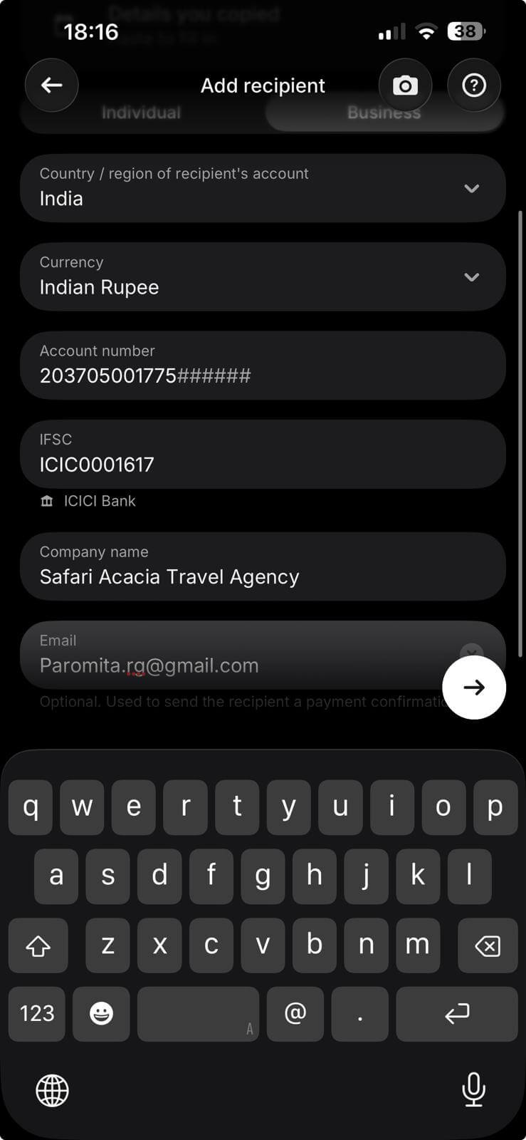 Revolut screen for entering the recipient's bank details