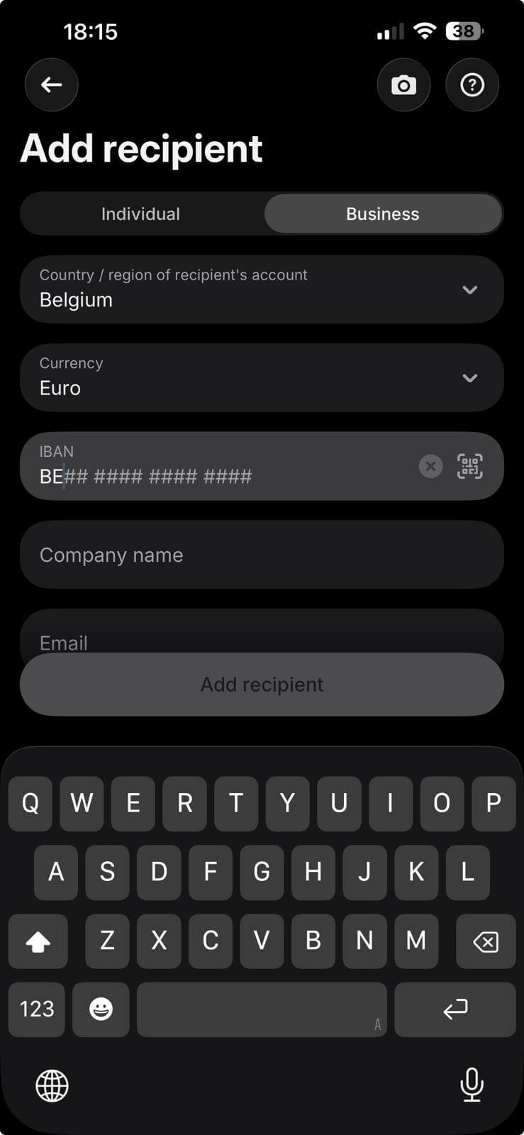 Revolut Add recipient screen with the Business tab and country and currency fields