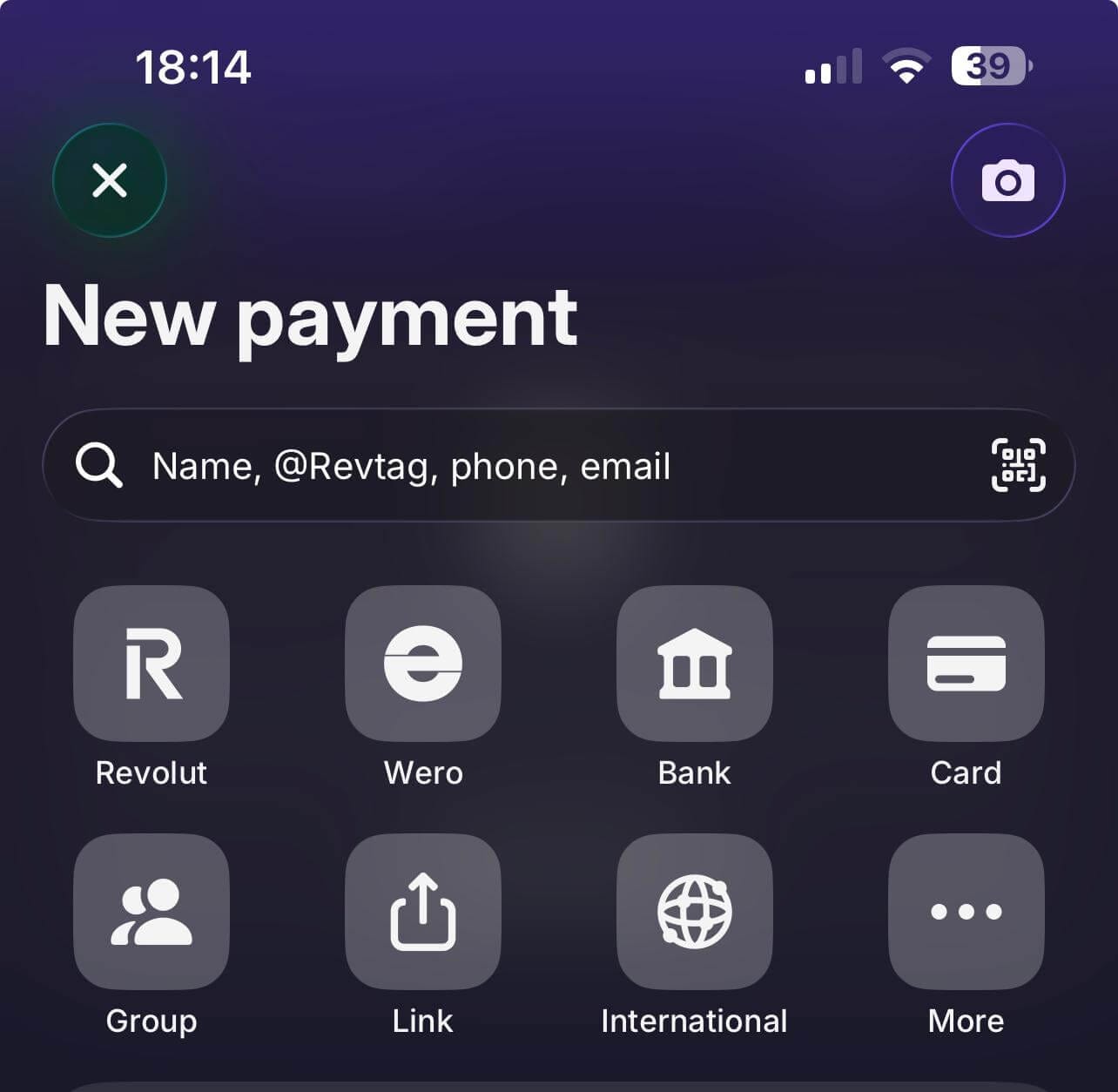 Revolut New payment screen with the International option
