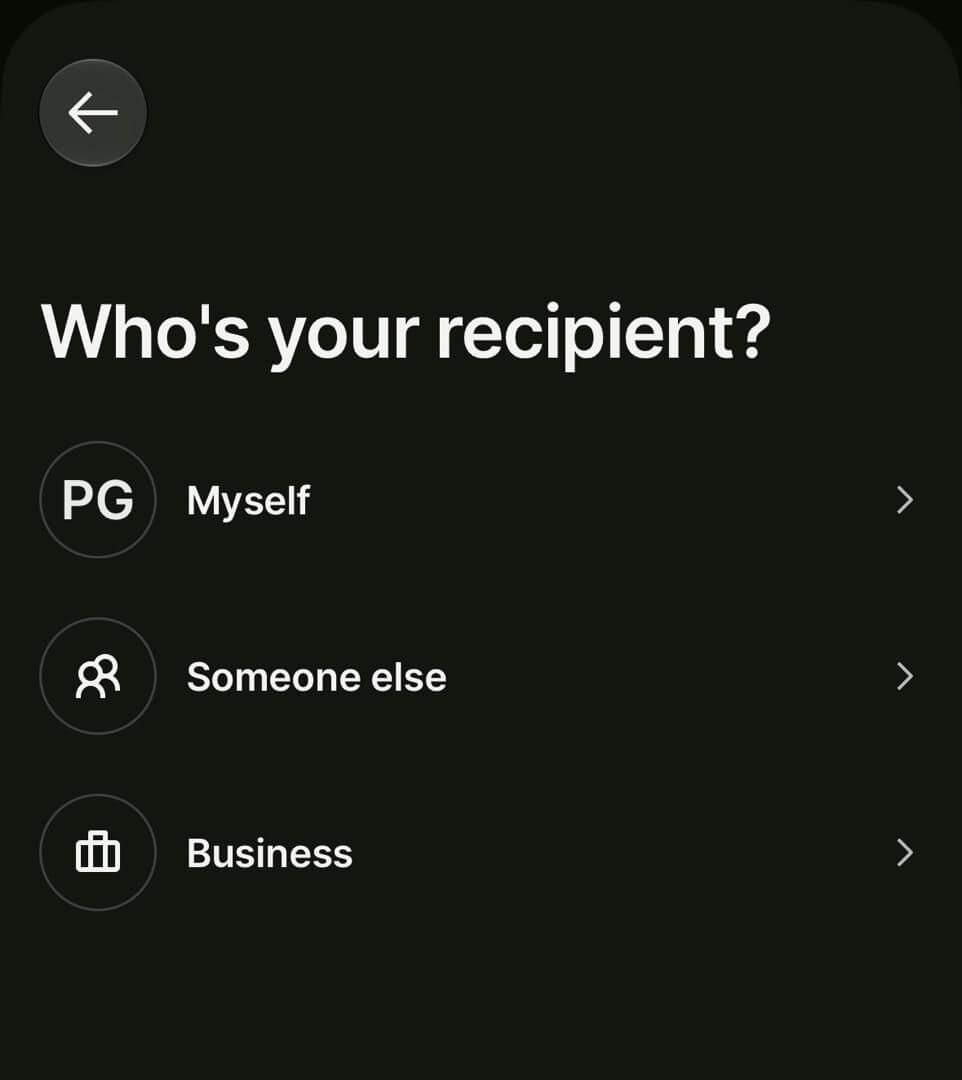 Wise Who's your recipient screen with the Business option