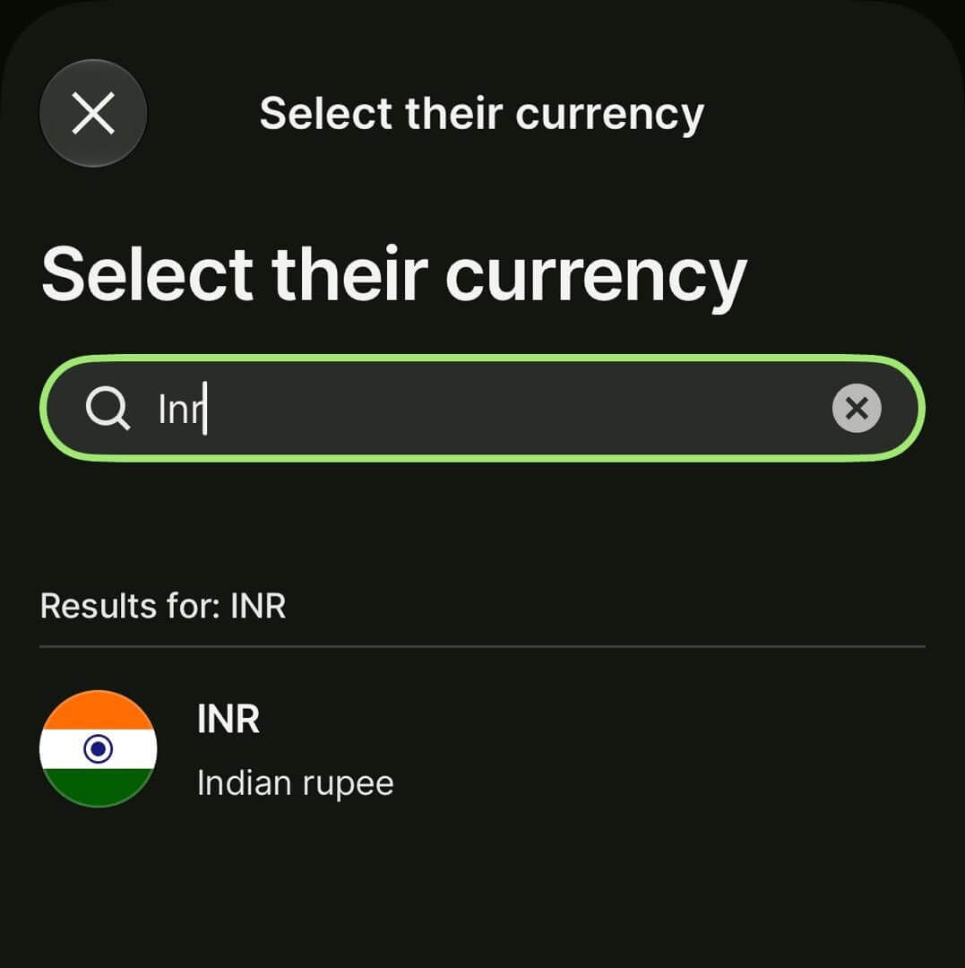 Wise Select their currency screen showing Indian rupee