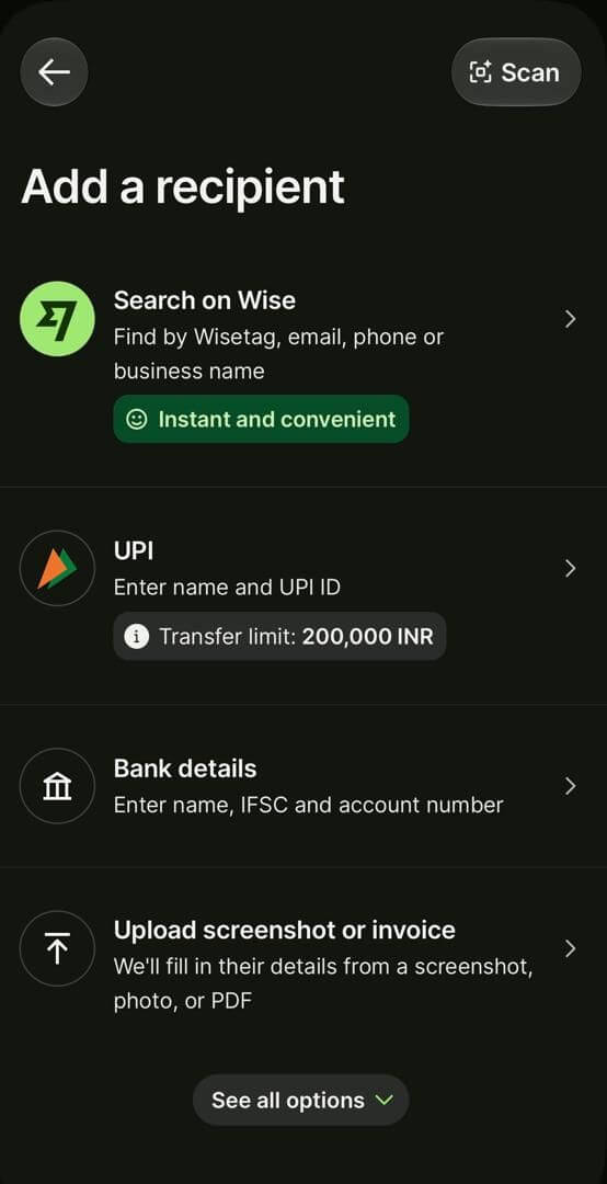 Wise Add a recipient screen with the Bank details option
