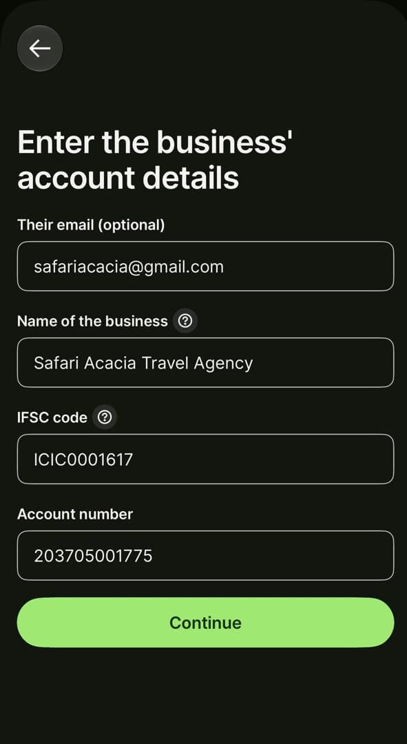 Wise screen for entering the business account details