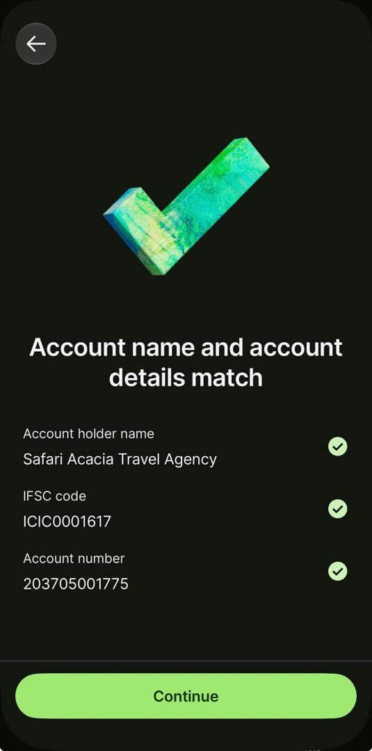 Wise screen confirming the account name and account details match
