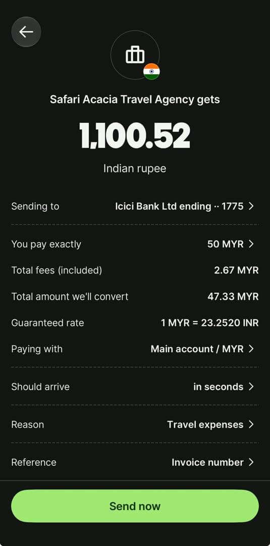 Wise transfer summary screen before sending