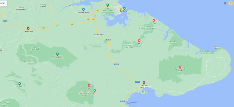 Map pointing Dermakot Forest Reserve, Danum Valley, Tabin and Kinabatangan River